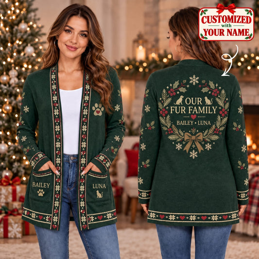 Personalized Pet Our Fur Family Long Sleeve Cardigan - Custom Name | Christmas Gift | CDG01 Pets