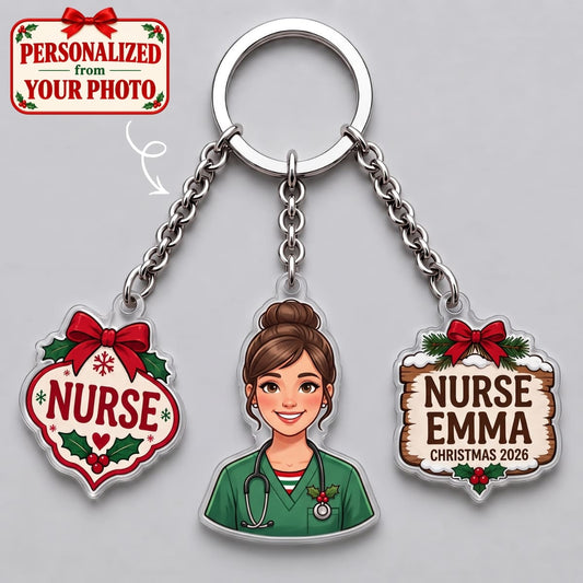 Personalized Nurse Christmas Triple Charm Keychain - Custom Photo & Names | Christmas Gift | KC01 Occupations
