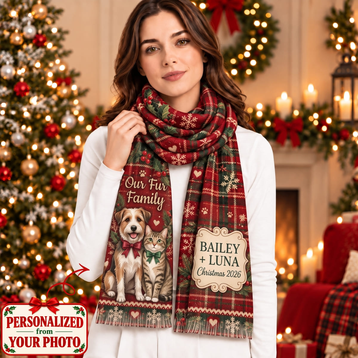 Personalized Pet Our Fur Family Scarf - Custom Photo & Names | Christmas Gift | SCT01 Pets