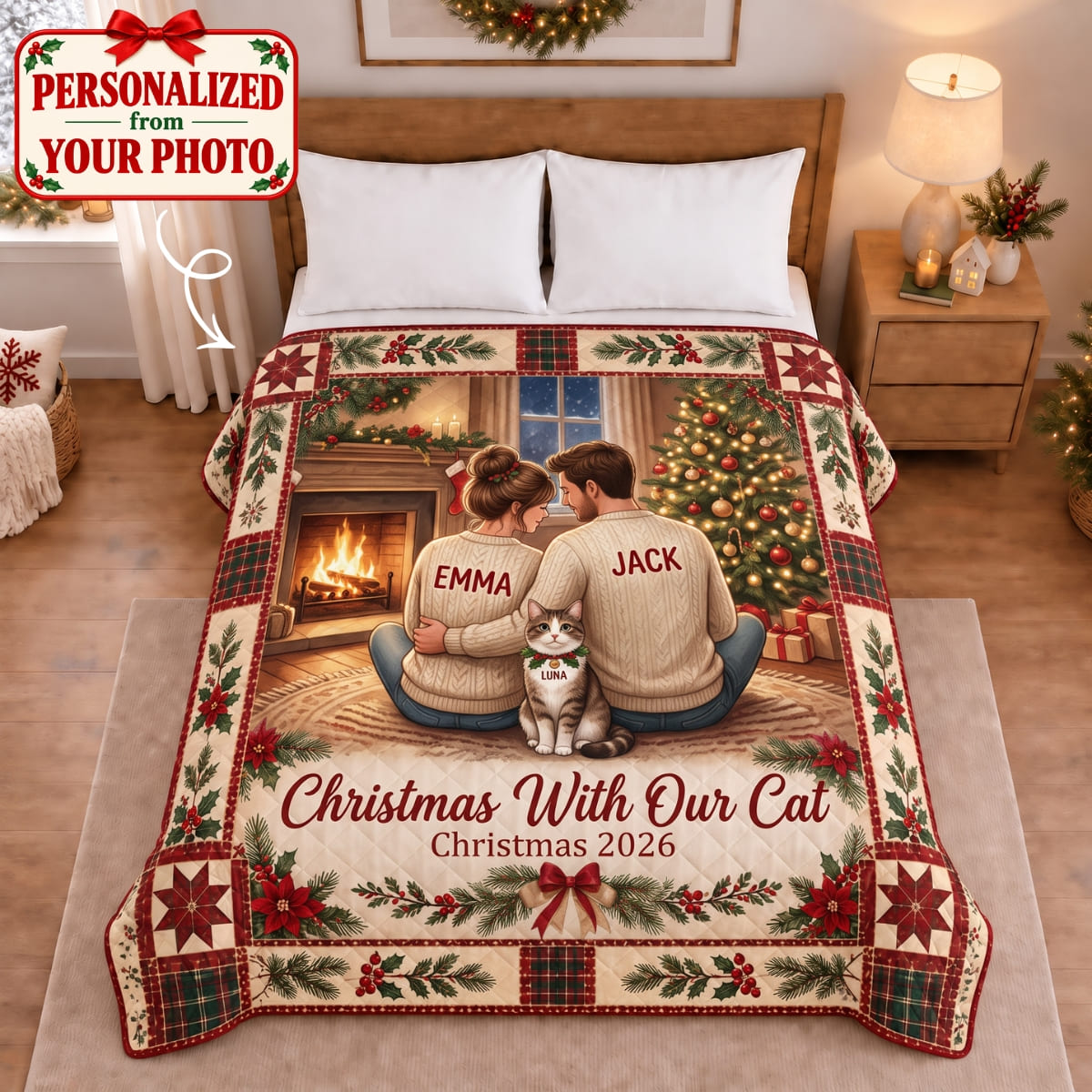 Personalized Christmas With Our Cat Quilted Blanket - Custom Photo & Name | Christmas Gift | QBL01 Pets