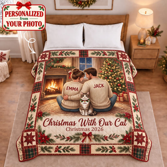 Personalized Christmas With Our Cat Quilted Blanket - Custom Photo & Name | Christmas Gift | QBL01 Pets