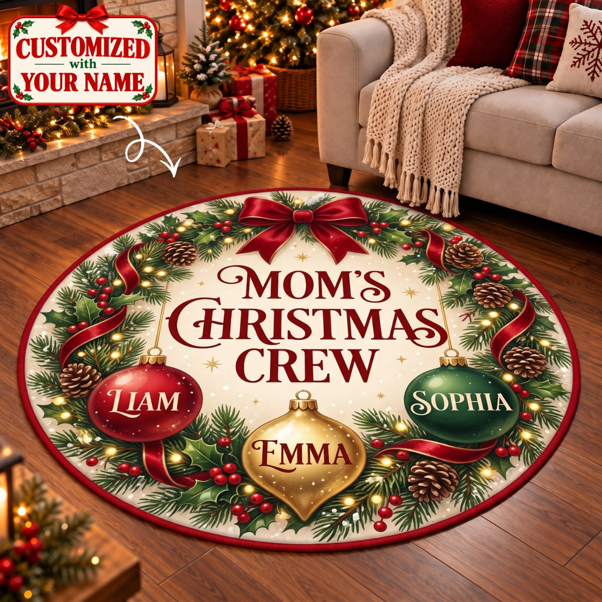 Personalized Mom's Christmas Crew Round Rug - Custom Name | Christmas Gift | RRD01 Family