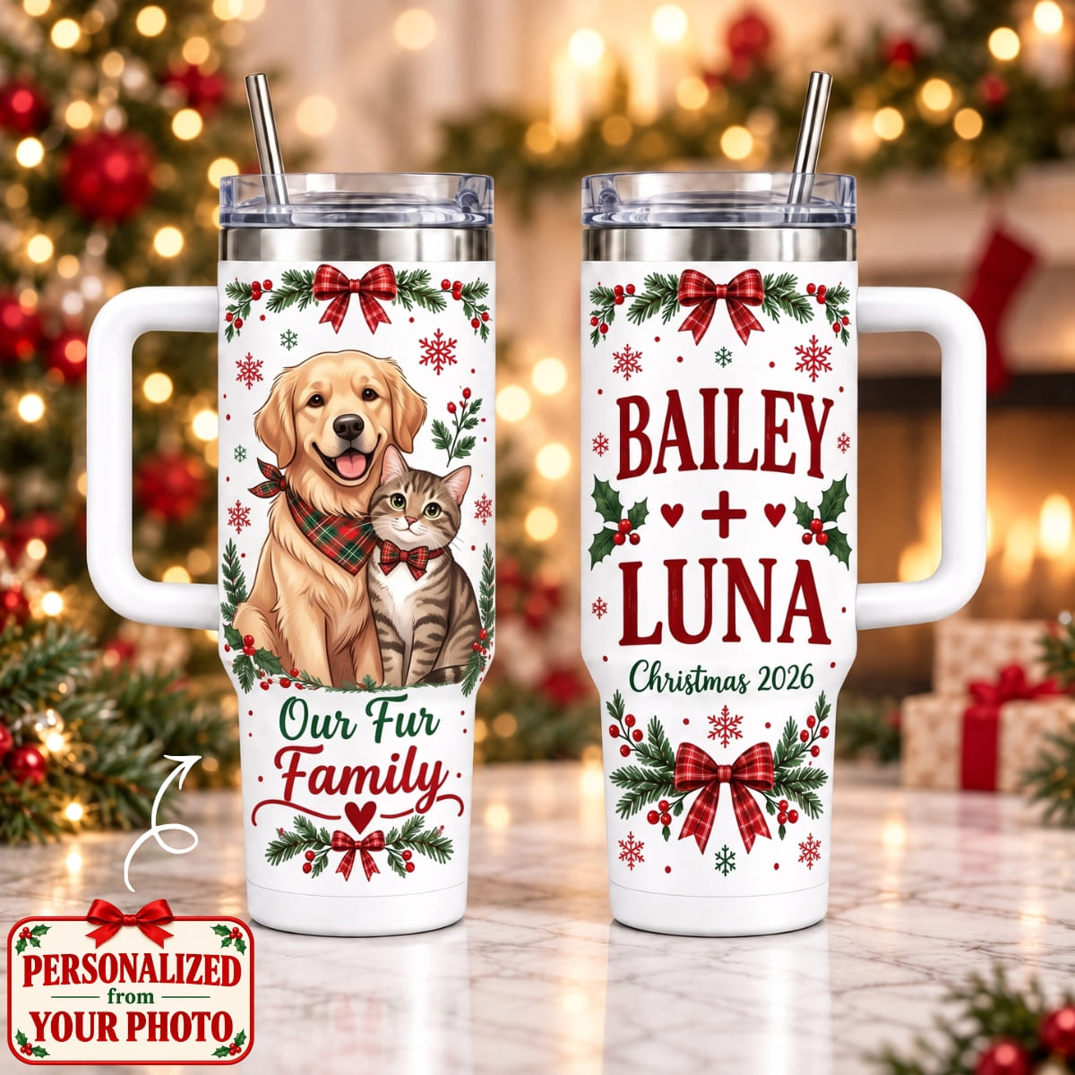 Personalized Pet Our Fur Family 40oz Tumbler with Handle – Custom Photo & Names | Christmas Gift | TBL01 Pets
