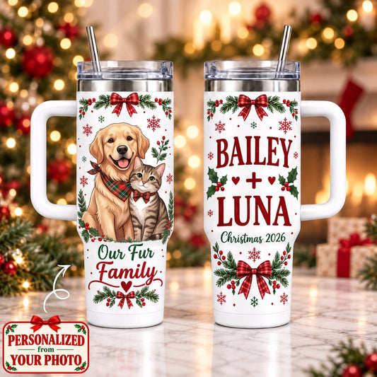 Personalized Pet Our Fur Family 40oz Tumbler with Handle – Custom Photo & Names | Christmas Gift | TBL01 Pets