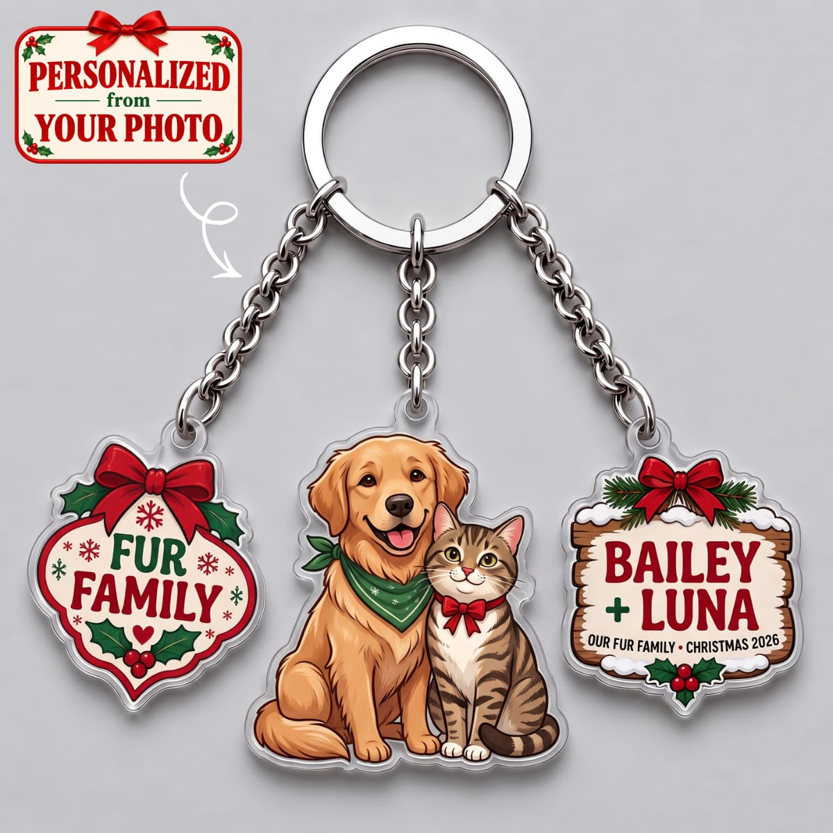 Personalized Pet Our Fur Family Triple Charm Keychain - Custom Photo & Names | Christmas Gift | KC01 Pets