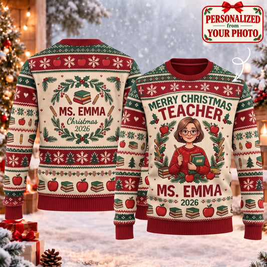 Personalized Merry Christmas Teacher Ugly Sweater - Custom Photo & Names | Christmas Gift | UGS01 Occupations