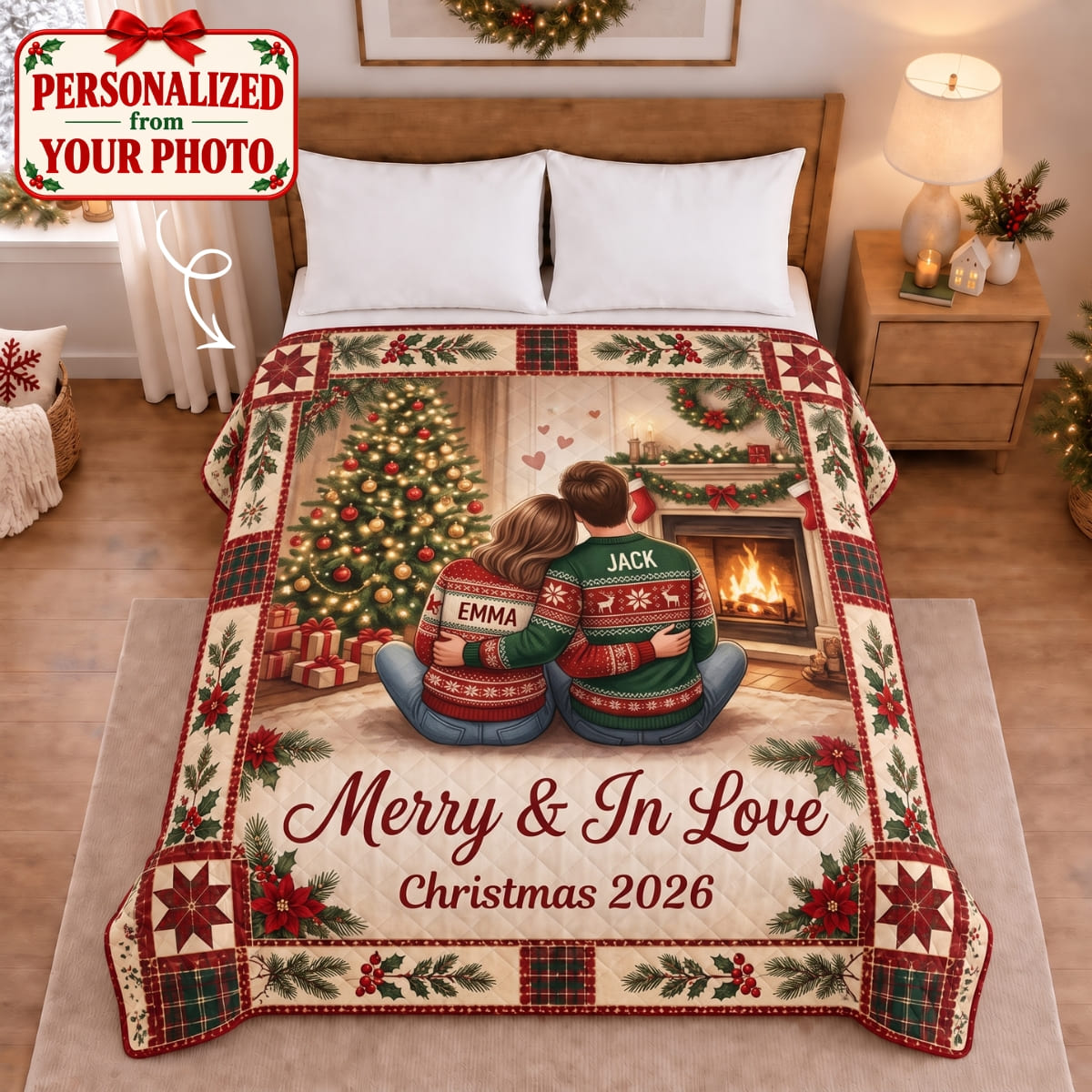 Personalized Merry & In Love Quilted Blanket - Custom Photo & Name | Christmas Gift | QBL01 Couples