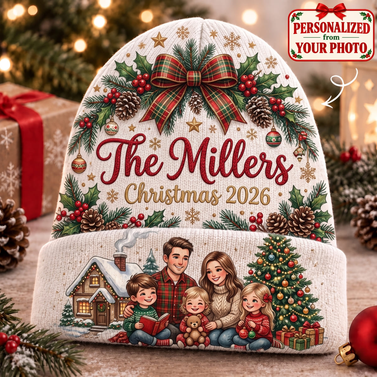 Personalized Family Christmas Knitted Hat - Custom Photo & Name | Christmas Gift | ML01 Family