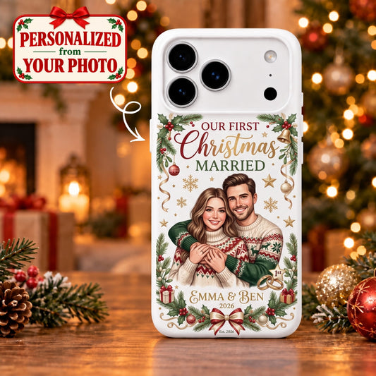 Personalized Our First Christmas Married iPhone Case - Custom Photo & Name | Christmas Gift | PHC01 Couples