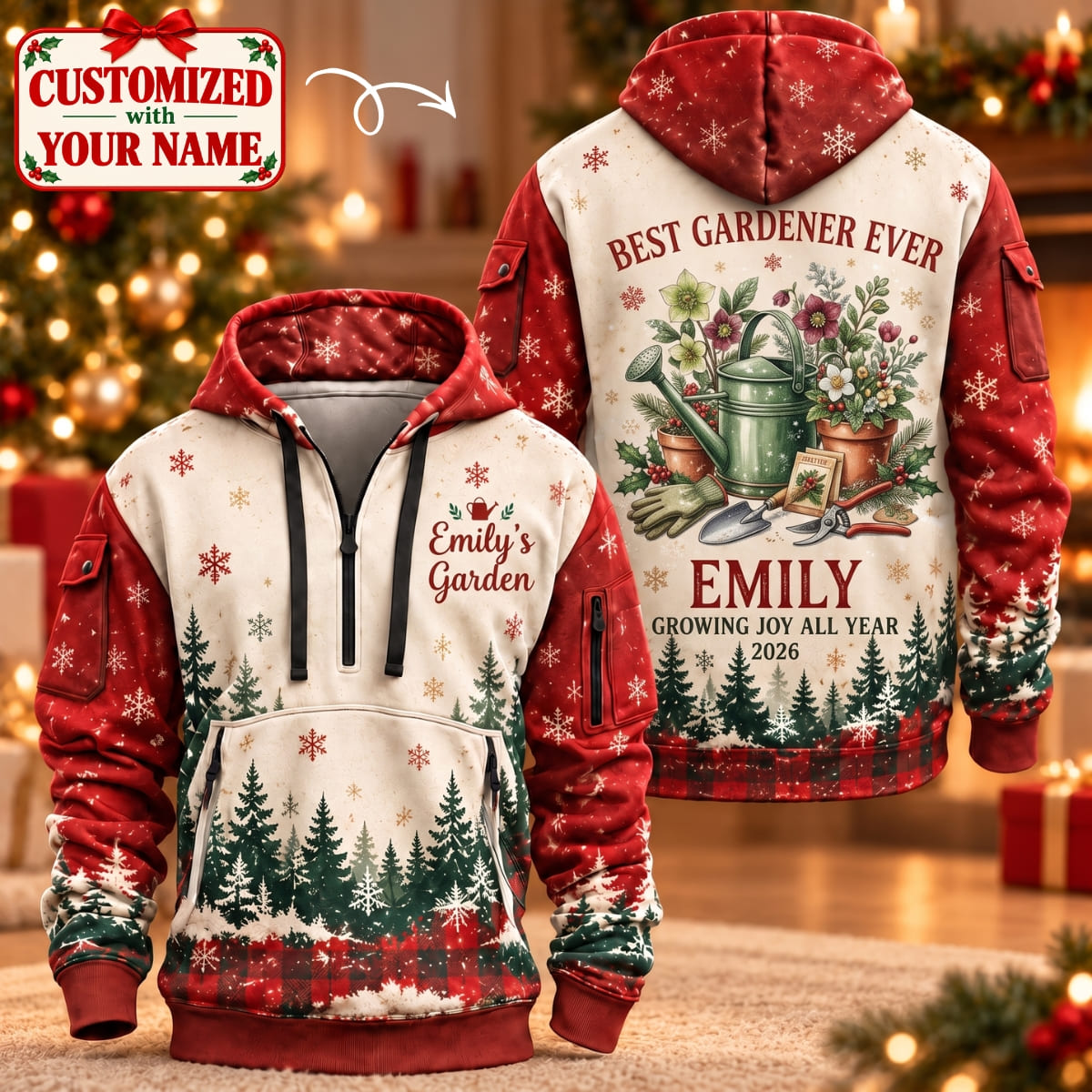 Personalized Gardener Christmas Quarter Zipper Hoodie - Custom Name | Christmas Gift | HDZ01 Hobbies & Lifestyle