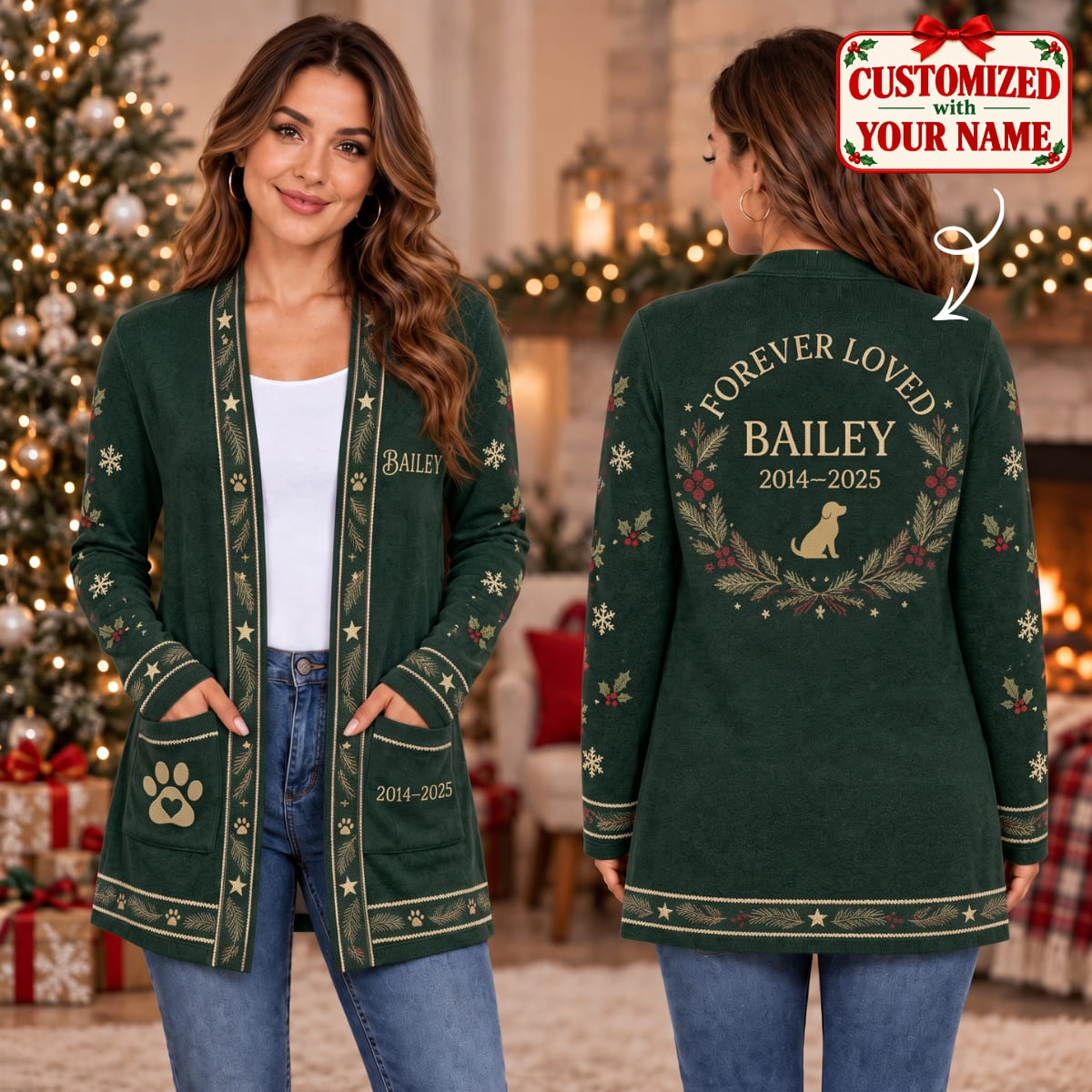 Personalized Pet Forever Loved Long Sleeve Cardigan - Custom Name | Christmas Gift | CDG01 Pets