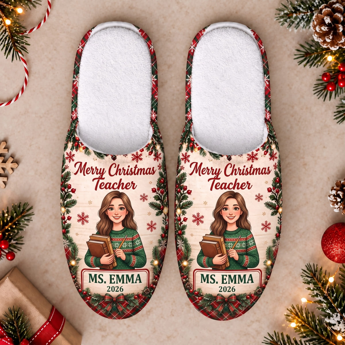Personalized Merry Christmas Teacher Slippers - Custom Photo & Name | Christmas Gift | SLP01 Occupations