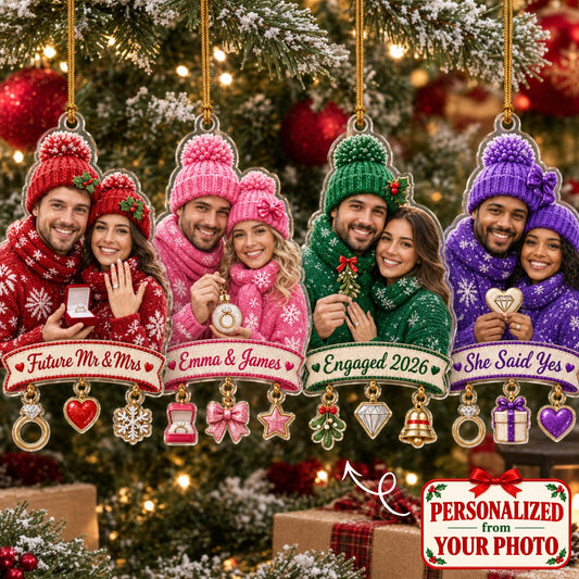 (Made In The USA) Personalized Our First Christmas Engaged Christmas Ornament - Custom Photo & Name | Christmas Gift | ONM05 Couples