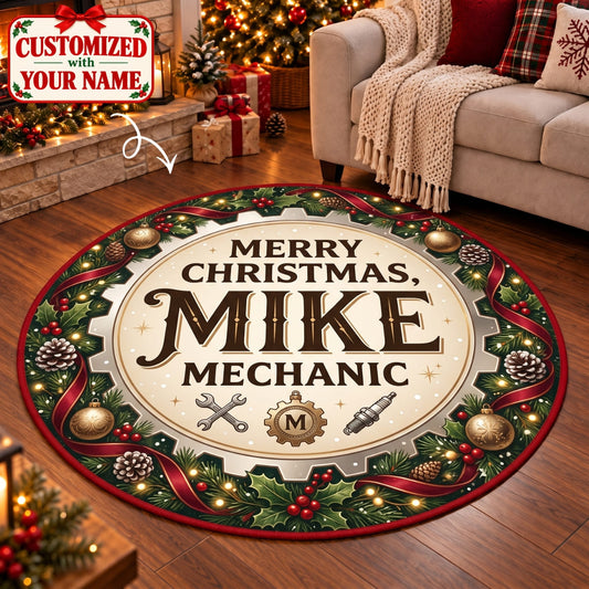 Personalized Merry Christmas Mechanic Round Rug - Custom Name | Christmas Gift | RRD01 Occupations