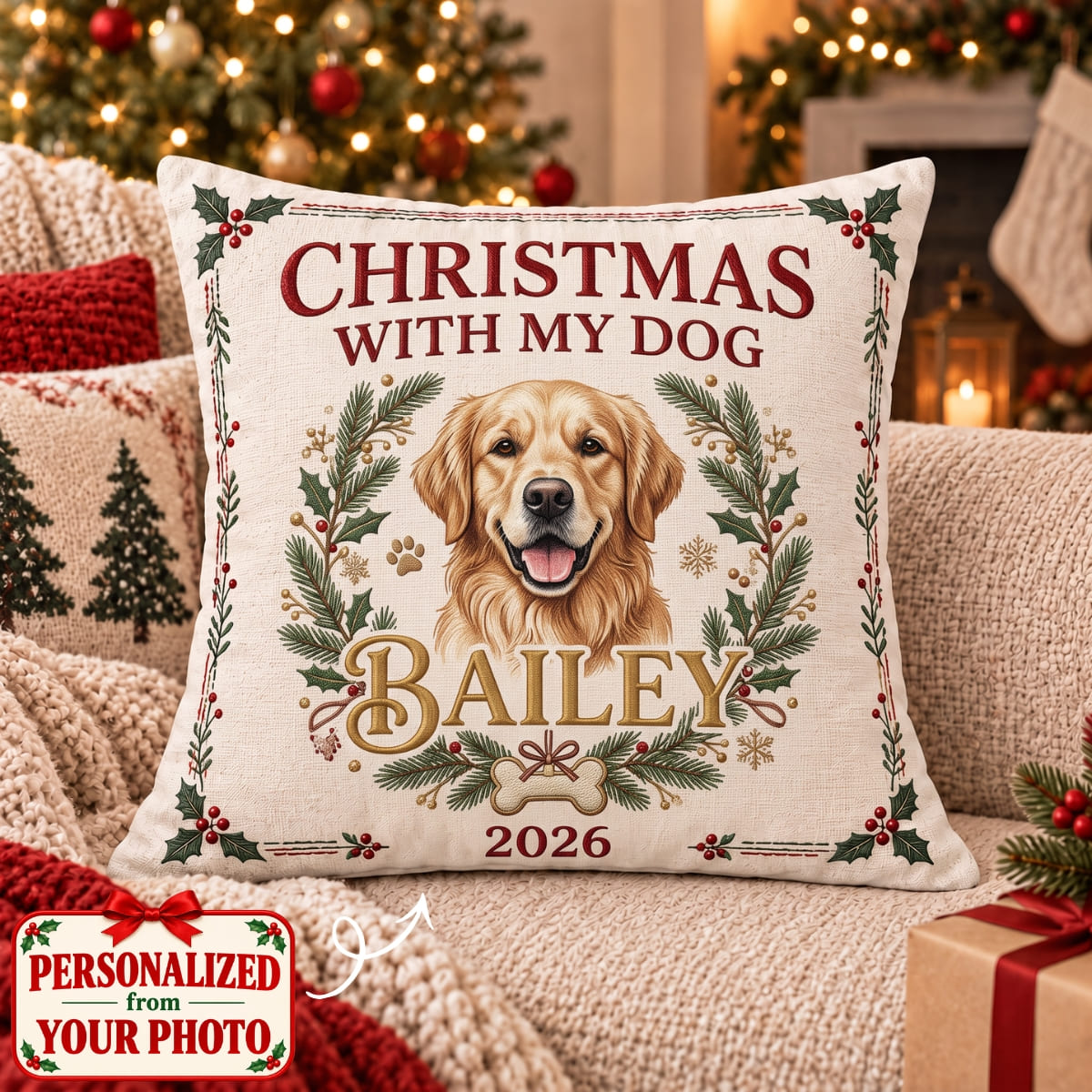 Personalized Christmas With My Dog Pillow - Custom Photo & Name | Christmas Gift | HPL01 Pets