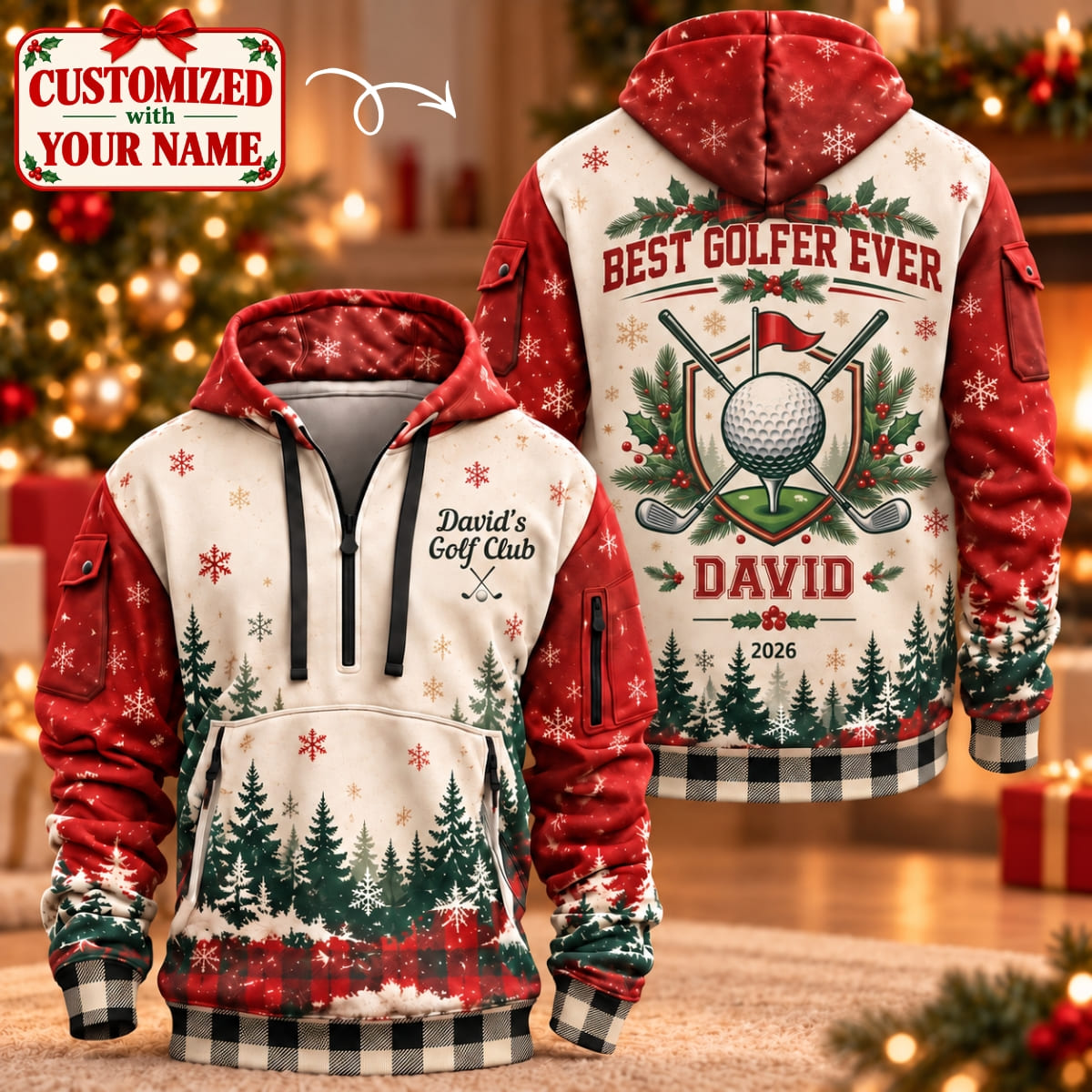 Personalized Golfer Christmas Quarter Zipper Hoodie - Custom Name | Christmas Gift | HDZ01 Hobbies & Lifestyle