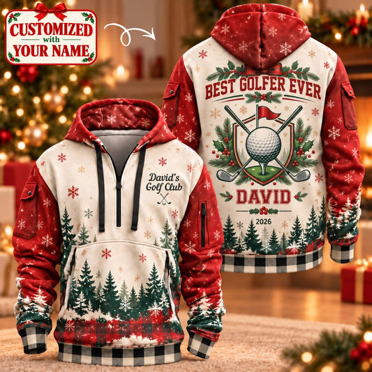 Personalized Golfer Christmas Quarter Zipper Hoodie - Custom Name | Christmas Gift | HDZ01 Hobbies & Lifestyle