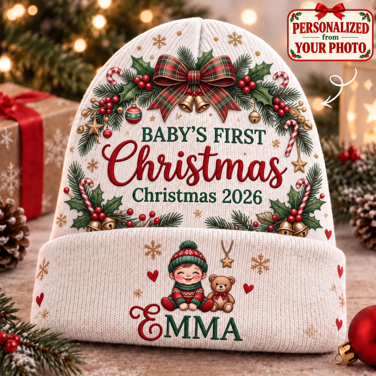 Personalized Baby's First Christmas Knitted Hat - Custom Photo & Name | Christmas Gift | ML01 Family