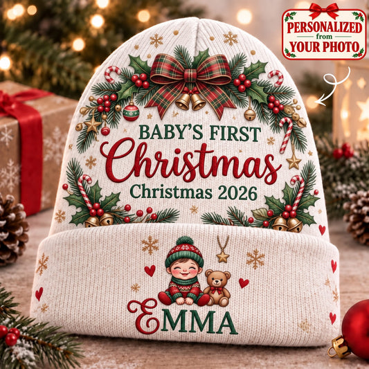 Personalized Baby's First Christmas Knitted Hat - Custom Photo & Name | Christmas Gift | ML01 Family