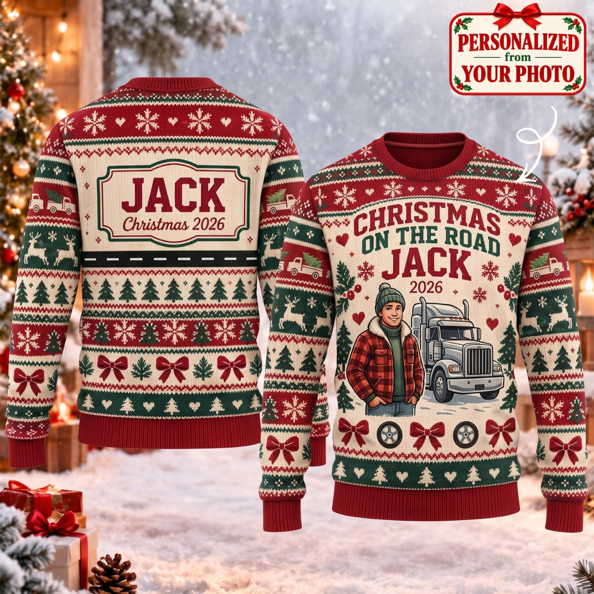 Personalized Merry Christmas Trucker Ugly Sweater - Custom Photo & Names | Christmas Gift | UGS01 Occupations