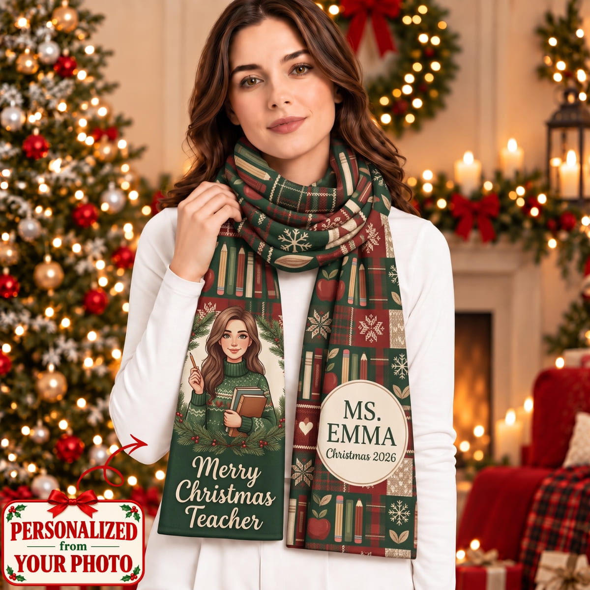 Personalized Merry Christmas Teacher Scarf - Custom Photo & Names | Christmas Gift | SCT01 Occupations