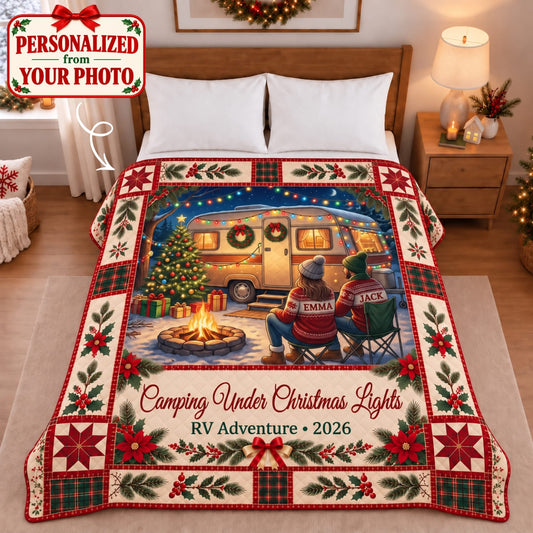 Personalized Camping Under Christmas Lights Quilted Blanket - Custom Photo & Name | Christmas Gift | QBL01 Hobbies & Lifestyle