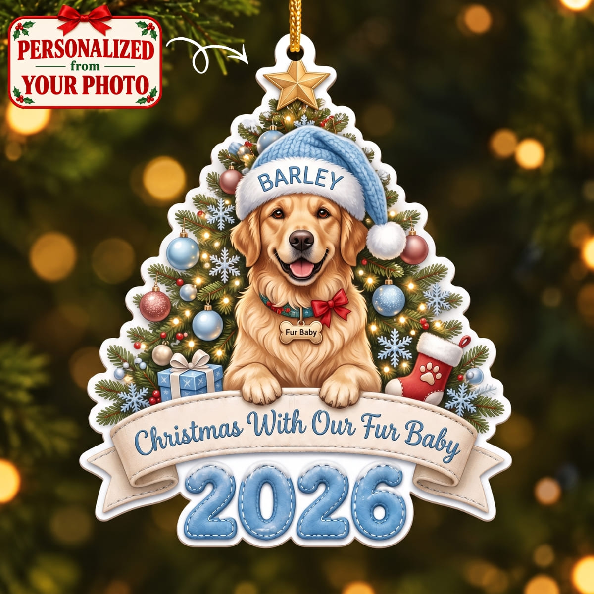 (Made In The USA) Personalized Pet Christmas With Our Fur Family Blue Christmas Ornament - Custom Photo & Name | Christmas Gift | ONM04 Pets