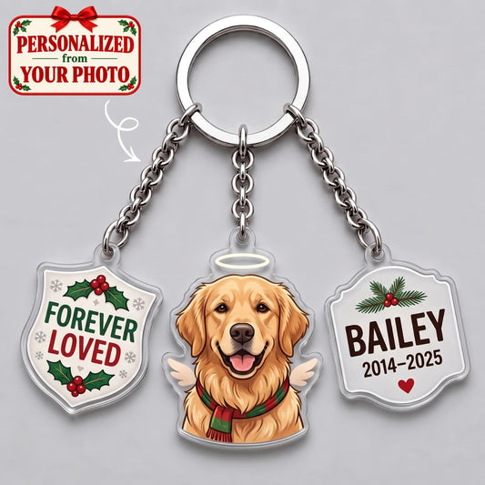 Personalized Pet Forever Loved Triple Charm Keychain - Custom Photo & Names | Christmas Gift | KC01 Pets