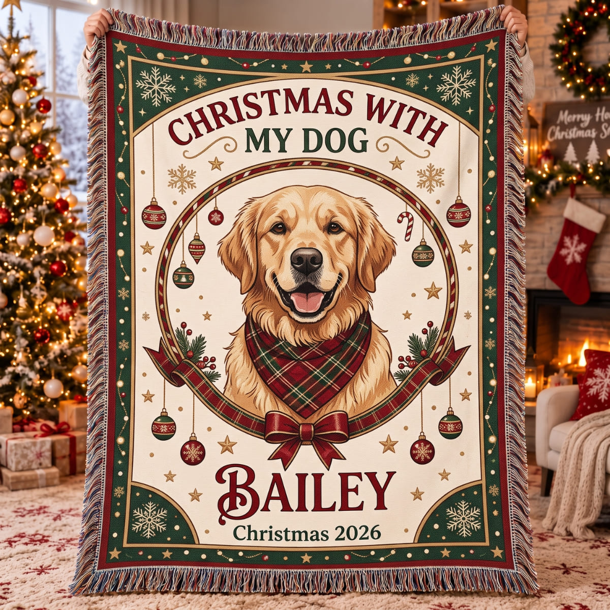 Personalized Christmas With My Dog Woven Blanket - Custom Photo & Name | Christmas Gift | WBL01 Pets