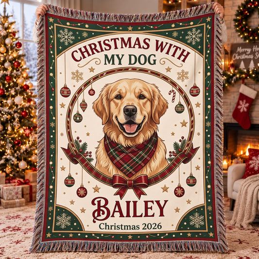 Personalized Christmas With My Dog Woven Blanket - Custom Photo & Name | Christmas Gift | WBL01 Pets