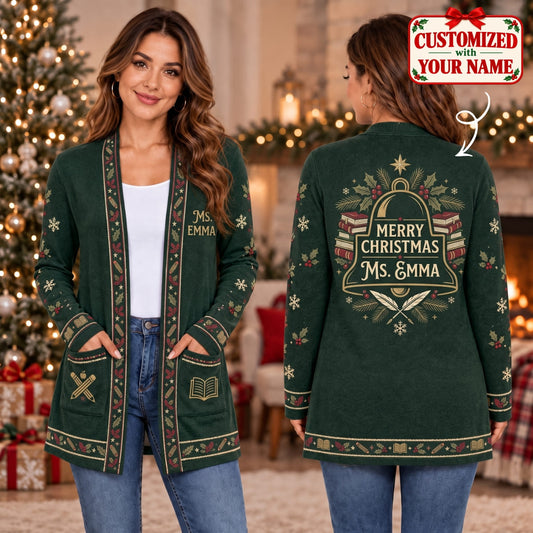 Personalized Merry Christmas Teacher Long Sleeve Cardigan - Custom Name | Christmas Gift | CDG01 Occupations