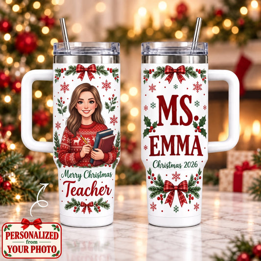 Personalized Merry Christmas Teacher 40oz Tumbler with Handle – Custom Photo & Names | Christmas Gift | TBL01 Occupations