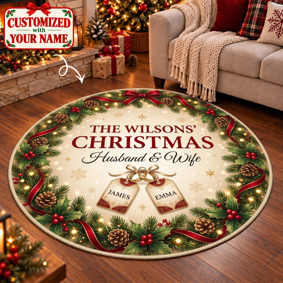 Personalized Husband & Wife Christmas Round Rug - Custom Name | Christmas Gift | RRD01 Couples