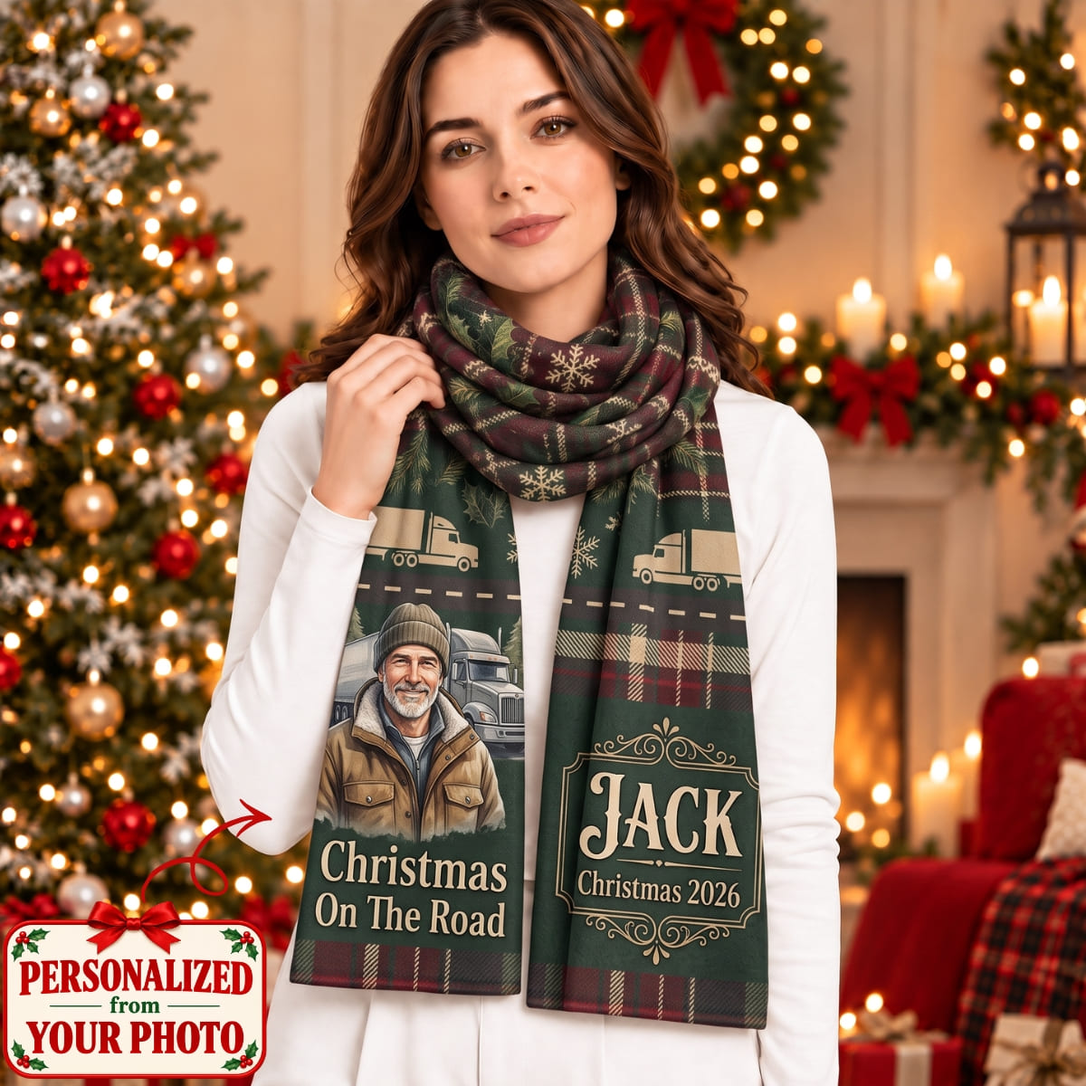 Personalized Trucker Christmas On The Road Scarf - Custom Photo & Names | Christmas Gift | SCT01 Occupations