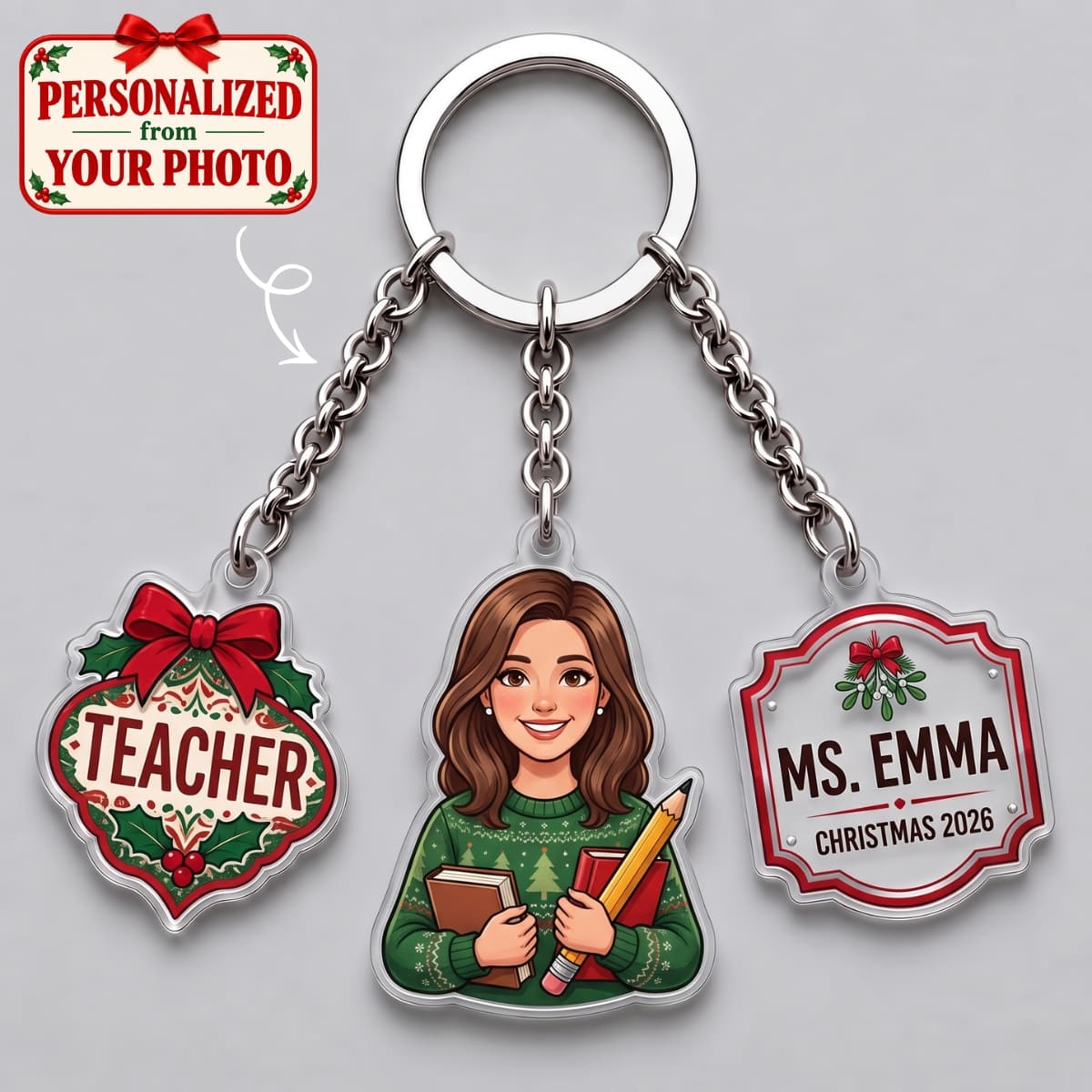 Personalized Teacher Christmas Triple Charm Keychain - Custom Photo & Names | Christmas Gift | KC01 Occupations