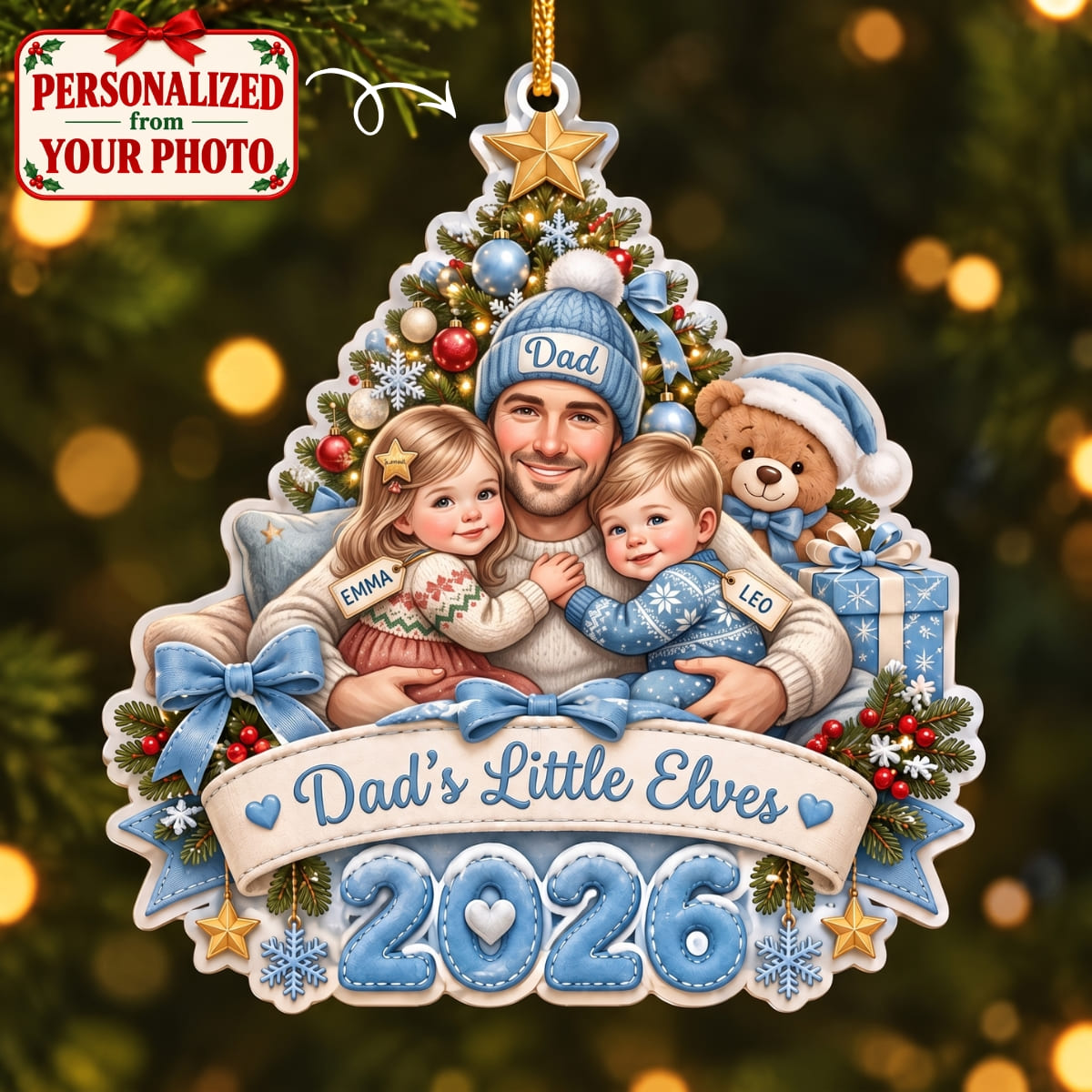 (Made In The USA) Personalized Dad's Little Elves Blue Christmas Ornament - Custom Photo & Name | Christmas Gift | ONM04 Family