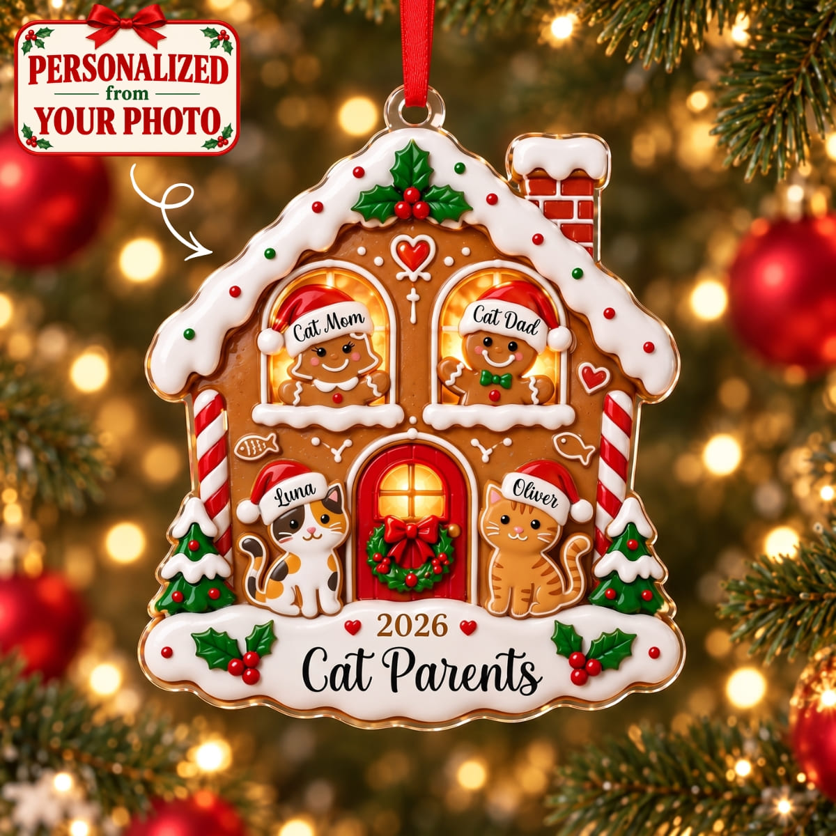 (Made In The USA) Personalized Cat Parents Christmas Gingerbread House Acrylic Ornament - Custom Name | Christmas Gift | ONM02 Pets