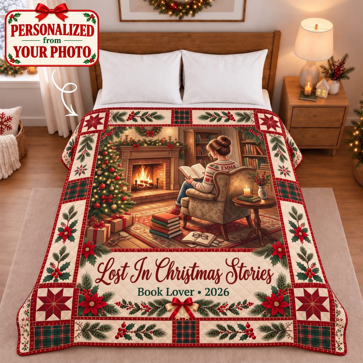 Personalized Book Lover Christmas Quilted Blanket - Custom Photo & Name | Christmas Gift | QBL01 Hobbies & Lifestyle