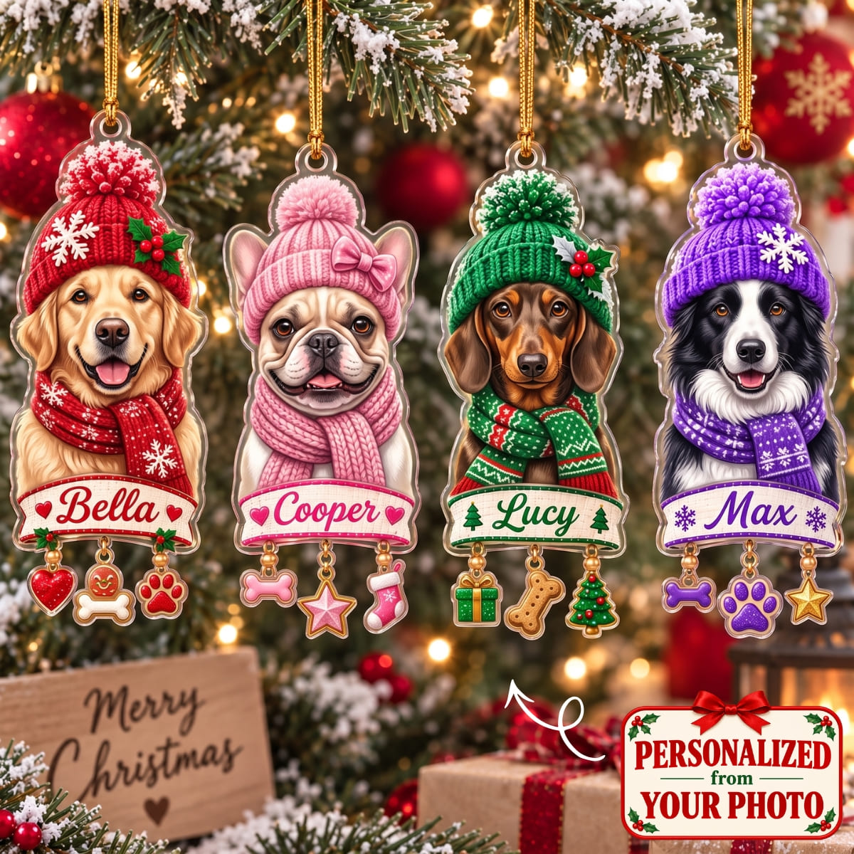 (Made In The USA) Personalized Dog Merry Christmas Ornament - Custom Photo & Name | Christmas Gift | ONM05 Pets