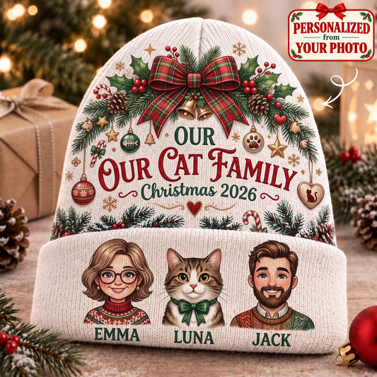 Personalized Our Cat Family Knitted Hat - Custom Photo & Name | Christmas Gift | ML01 Pets