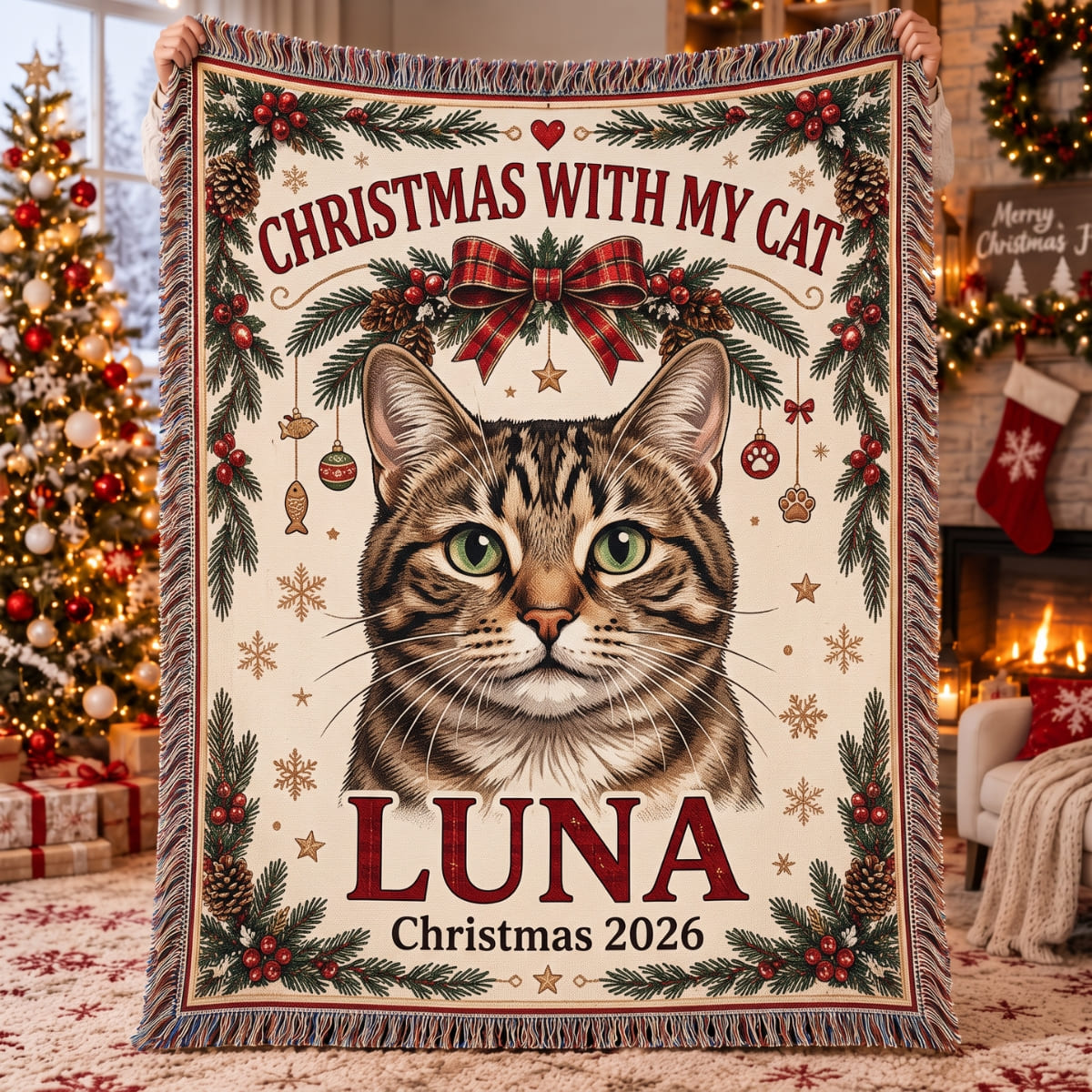 Personalized Christmas With My Cat Woven Blanket - Custom Photo & Name | Christmas Gift | WBL01 Pets