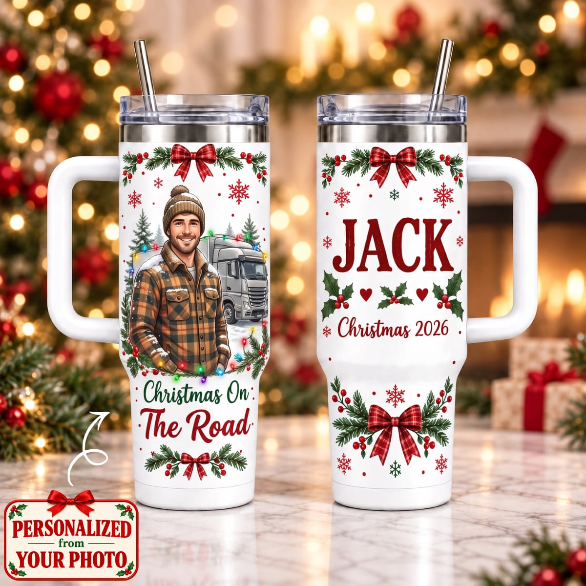 Personalized Trucker Christmas 40oz Tumbler with Handle – Custom Photo & Names | Christmas Gift | TBL01 Occupations