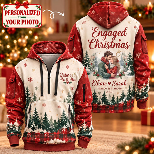 Personalized Engaged Christmas Quarter Zipper Hoodie - Custom Photo & Name | Christmas Gift | HDZ01 Couples