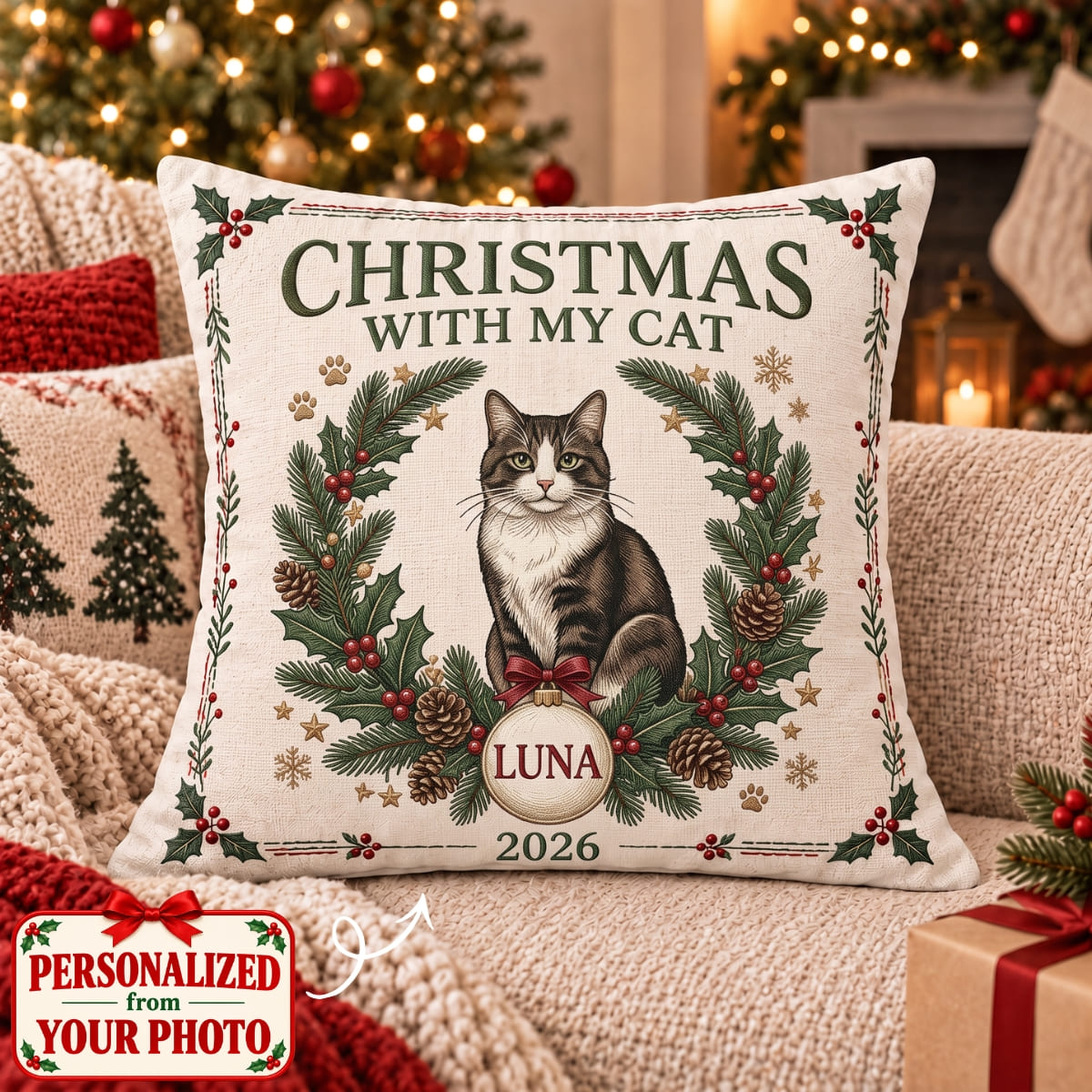 Personalized Christmas With My Cat Pillow - Custom Photo & Name | Christmas Gift | HPL01 Pets