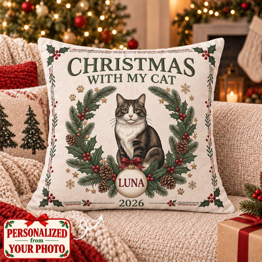 Personalized Christmas With My Cat Pillow - Custom Photo & Name | Christmas Gift | HPL01 Pets