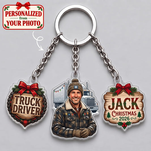 Personalized Truck Driver Christmas Triple Charm Keychain - Custom Photo & Names | Christmas Gift | KC01 Occupations