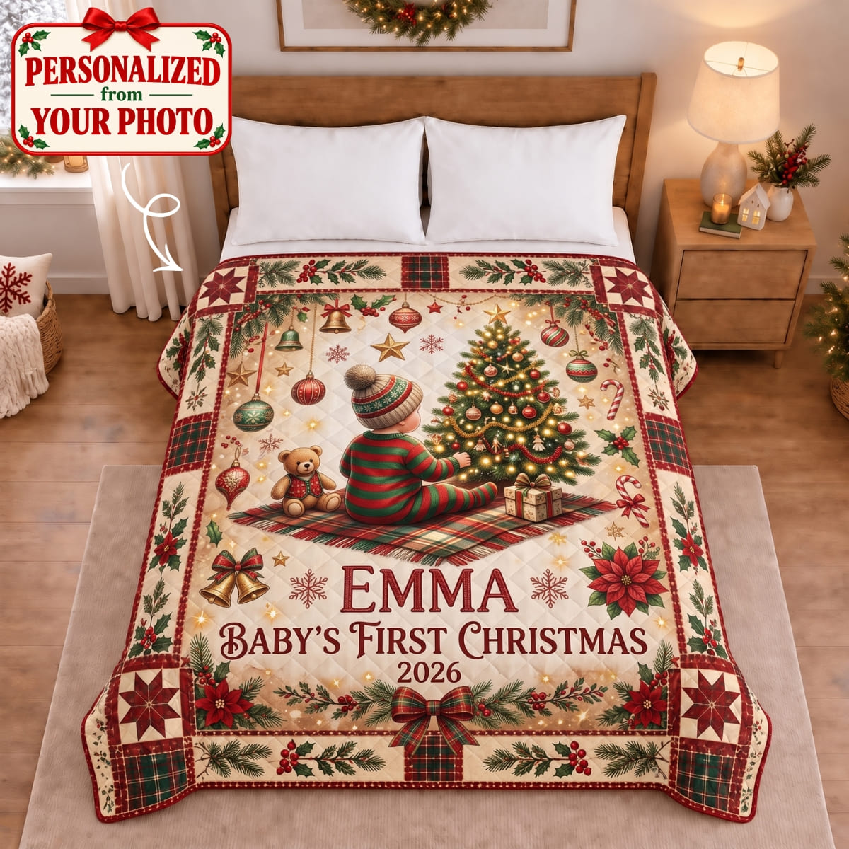 Personalized Baby's First Christmas Quilted Blanket - Custom Photo & Name | Christmas Gift | QBL01 Family