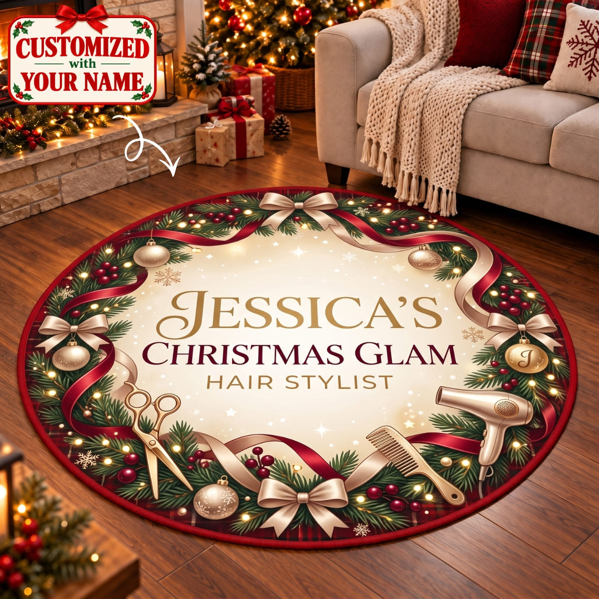 Personalized Hair Stylist Christmas Round Rug - Custom Name | Christmas Gift | RRD01 Occupations