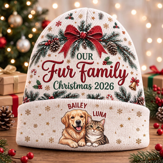 Personalized Our Fur Family Knitted Hat - Custom Photo & Name | Christmas Gift | ML01 Pets