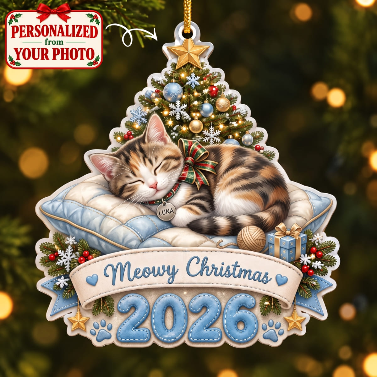 (Made In The USA) Personalized Cat Meowy Christmas Blue Christmas Ornament - Custom Photo & Name | Christmas Gift | ONM04 Pets
